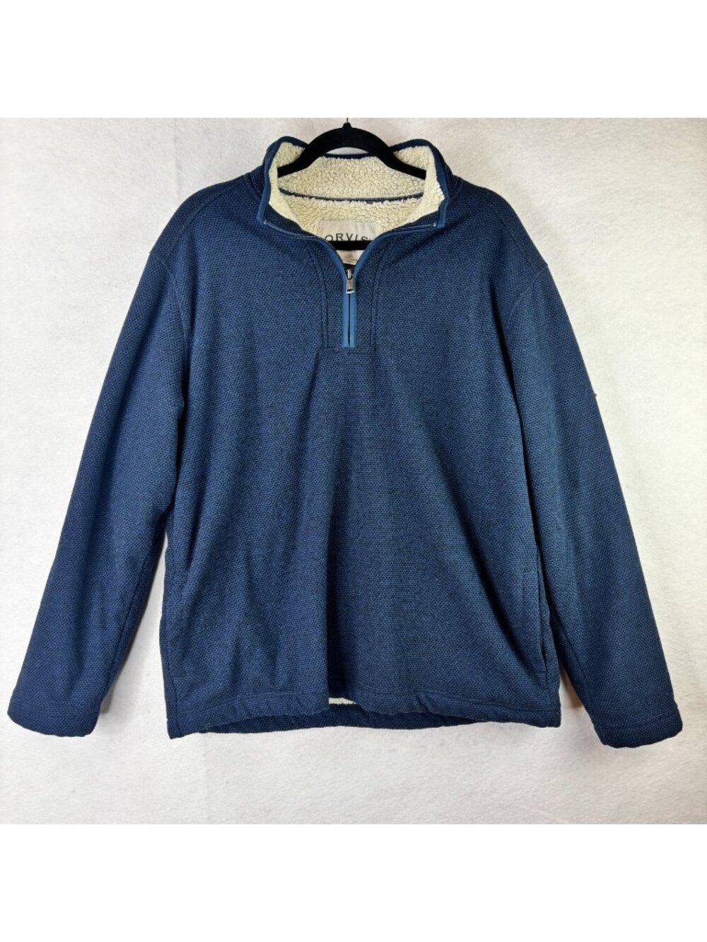 Orvis Sherpa Lined Fleece Sweater Mens Large Blue 1/4 Zip Pullover Heavyweight